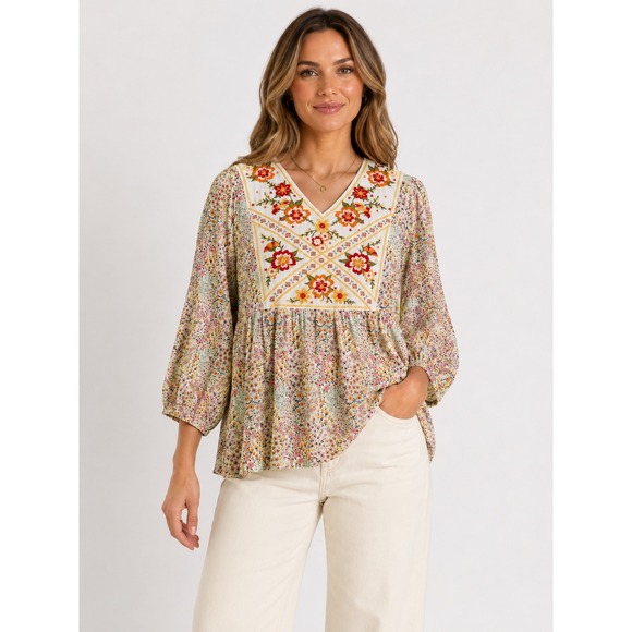 Savanna Jane Tops - Savanna Jane Floral Embroidered Babydoll Top Boho Cottagecore Peasant Blouse L